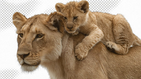 Two lion cubs on a checkered background. High quality photoの素材