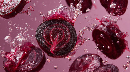 Fresh beetroot in water with bubbles on a pink background close-upの素材