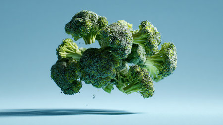 Broccoli flying on blue background. Healthy food concept. Copy space.の素材