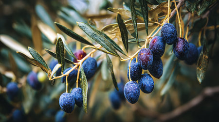 Olive tree branch with ripe olives, selective focus, tonedの素材