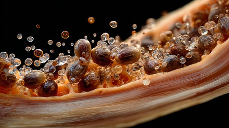 Macro shot of seashell with seeds and water drops on black backgroundの素材