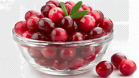 Cranberries in a glass bowl on a transparent background. Close-up.の素材