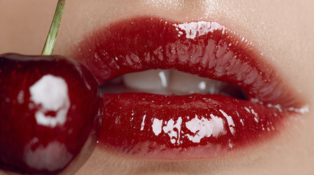 Close-up of beautiful female lips with red lipstick and fresh cherryの素材