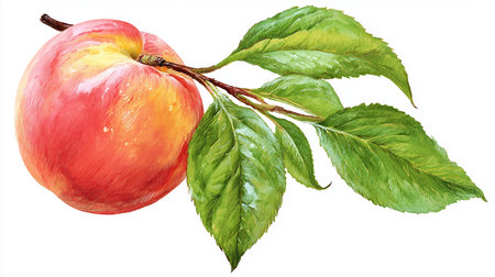 Illustration of a red apple with green leaves on a white backgroundの素材