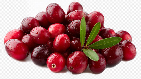 Cranberries with leaves isolated on transparent background. Clipping path included.の素材