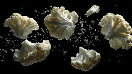 Cauliflower in motion on a black background. 3d renderingの素材