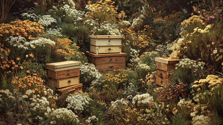 Beehives in a flowerbed in the garden at sunset.の素材