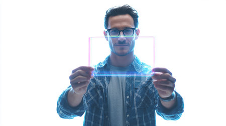 Young man using a futuristic touch screen interface, isolated on white backgroundの素材