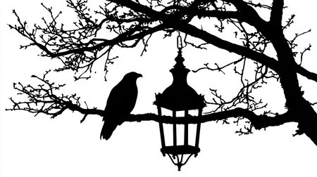 Silhouette of a crow sitting on a tree branch with a lanternの素材