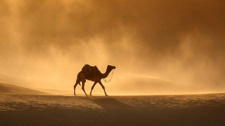 Silhouette of a camel in the Sahara desert, Morocco.の素材