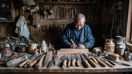 Old craftsman working with tools in his workshop. Authentic lifestyle image.の素材