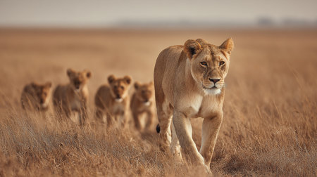 Lioness with her family in Masai Mara National Park, Kenyaの素材