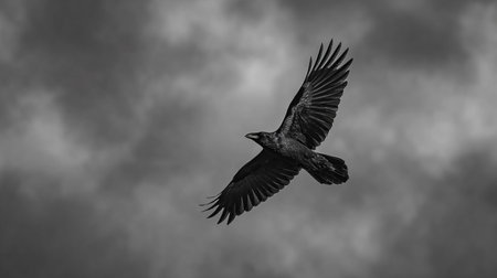 black and white image of a raven flying high in the cloudy skyの素材
