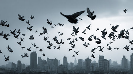 Silhouettes of flying birds against the background of the city.の素材