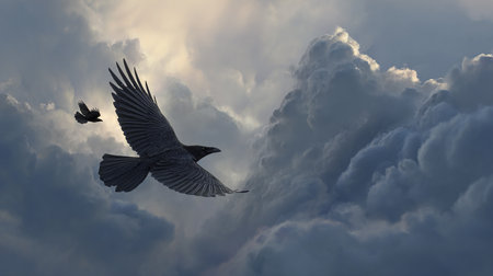 Crow flying in the cloudy sky. 3d render illustration.の素材