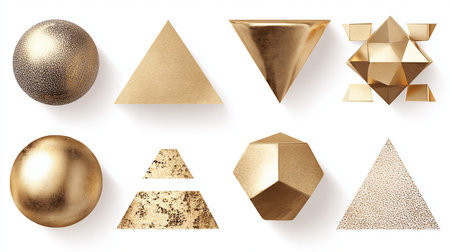 Set of golden geometric shapes isolated on white background. 3d rendering.の素材
