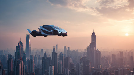 Future transportation concept. 3D rendering of a car flying over the city at sunsetの素材