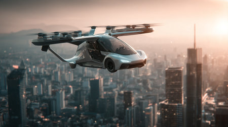 Drone flying over the city. 3d render concept of technologyの素材