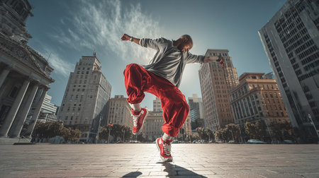 Hip hop dancer performing in the city. Skateboarding concept.の素材