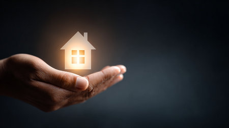 Close up of human hand holding house icon over dark background. Real estate conceptの素材