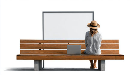 Young woman sitting on bench with laptop and blank picture frame on wallの素材