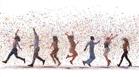Group of happy young people jumping in the air with confetti.の素材