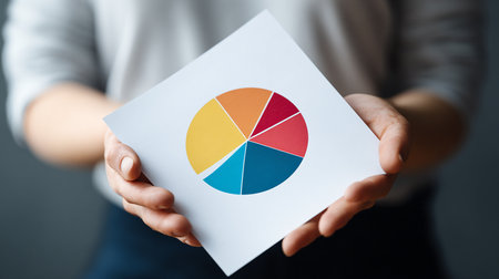 Businesswoman holding a paper with pie chart in her hands, closeupの素材
