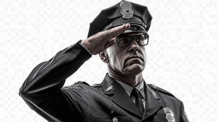 Policeman in black uniform with glasses and hat on transparent backgroundの素材
