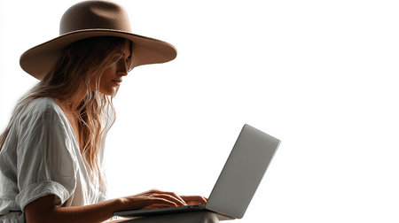 Side view of young woman in cowboy hat using laptop isolated on whiteの素材