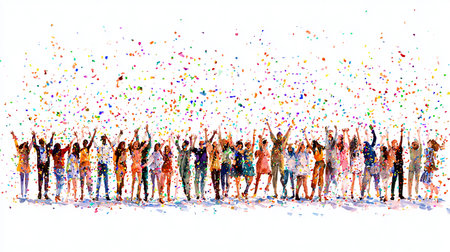 Large Group of People Jumping with Colorful Confetti on White Backgroundの素材