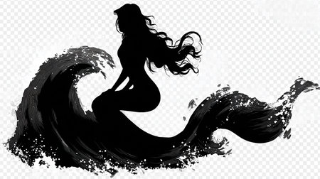 Beautiful woman silhouette on a wave. Black and white vector illustration.の素材