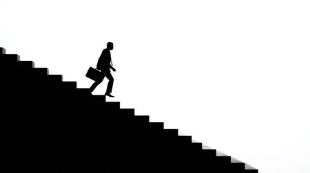 Silhouette of a businessman walking up a stairway with a briefcaseの素材