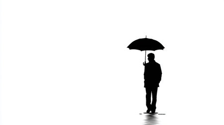 Silhouette of a man with an umbrella on a white backgroundの素材