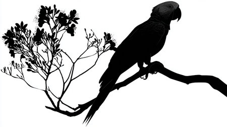 silhouette of a parrot sitting on a branch of a treeの素材