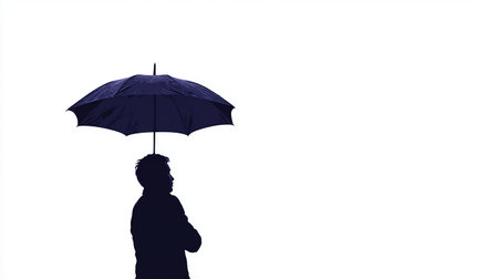 Silhouette of a man with an umbrella on a white backgroundの素材