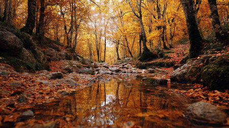 Autumn forest with a small river and fallen leaves in the foregroundの素材