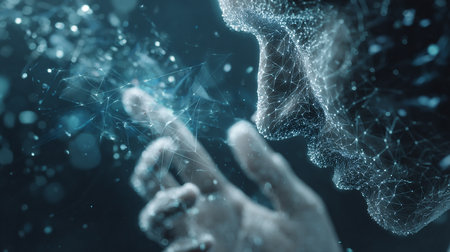 Man touching a virtual network on a dark blue background 3D renderingの素材