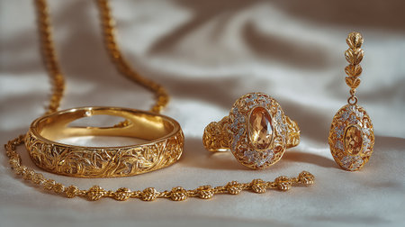 Gold earrings and bracelets on a white satin background.の素材