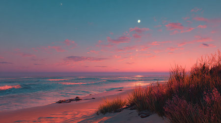 Sunset on the beach with dunes in the foreground and the moonの素材