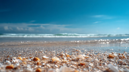 Seashells on the beach with waves in the background.の素材