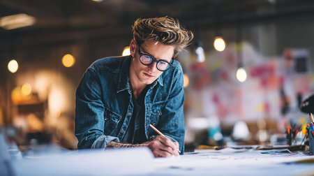 Portrait of young male fashion designer working at his desk in officeの素材