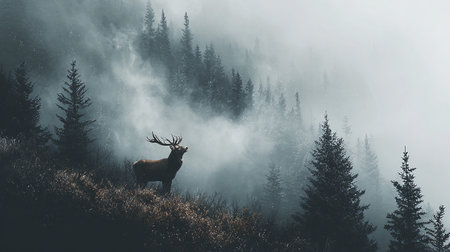 Majestic red deer stag in the morning mist, Carpathian mountains, Ukraineの素材