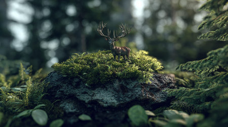 Deer on moss in forest. 3D rendering, 3d illustration.の素材