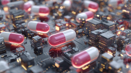 3d illustration of abstract city with red and white pill capsule.の素材