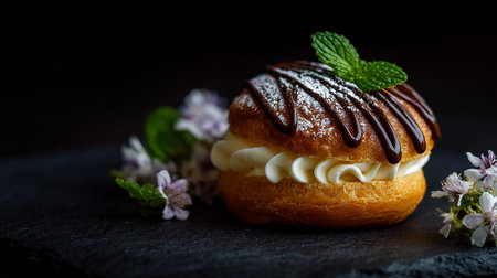 Choux cream filled with chocolate glaze on a dark background.の素材