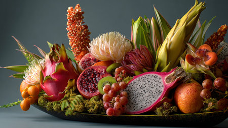 Fruits were placed on a wooden plate with a black background.の素材