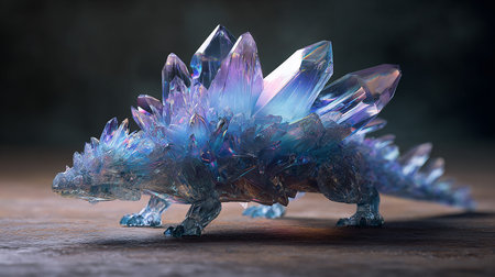 3d rendering of a crystal rhinoceros on wooden backgroundの素材