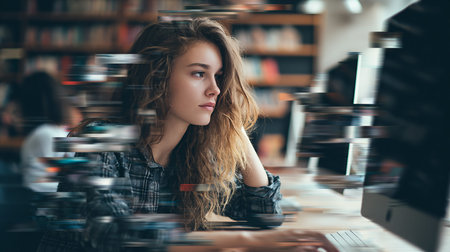 Portrait of young female student using computer while sitting at desk in libraryの素材