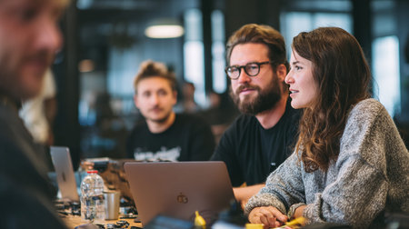 Group of business people discussing business plan at modern startup office building.の素材