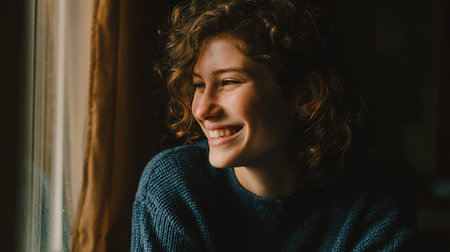 Portrait of a beautiful young woman with curly hair in a blue sweater.の素材